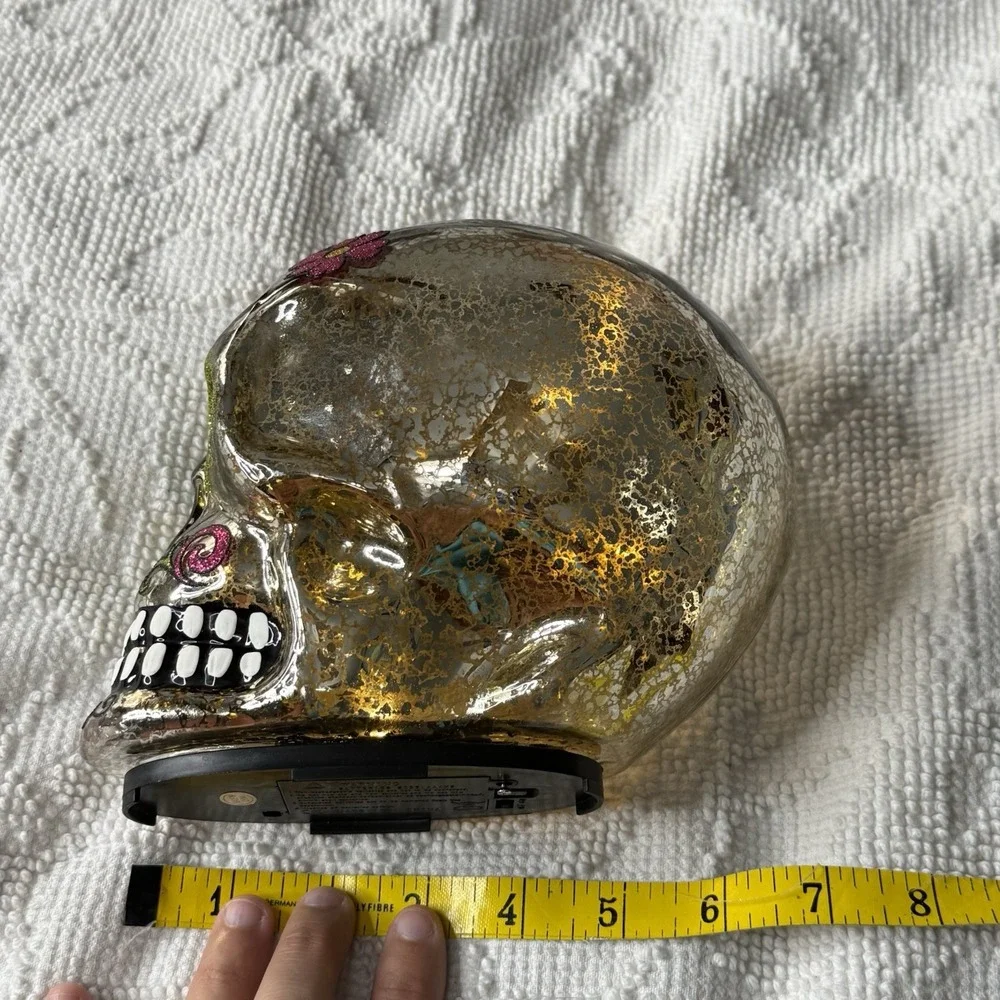 Mercury Glass Sugar Skull Light Up Gold Glitter Floral Dia de los Muertos 6in